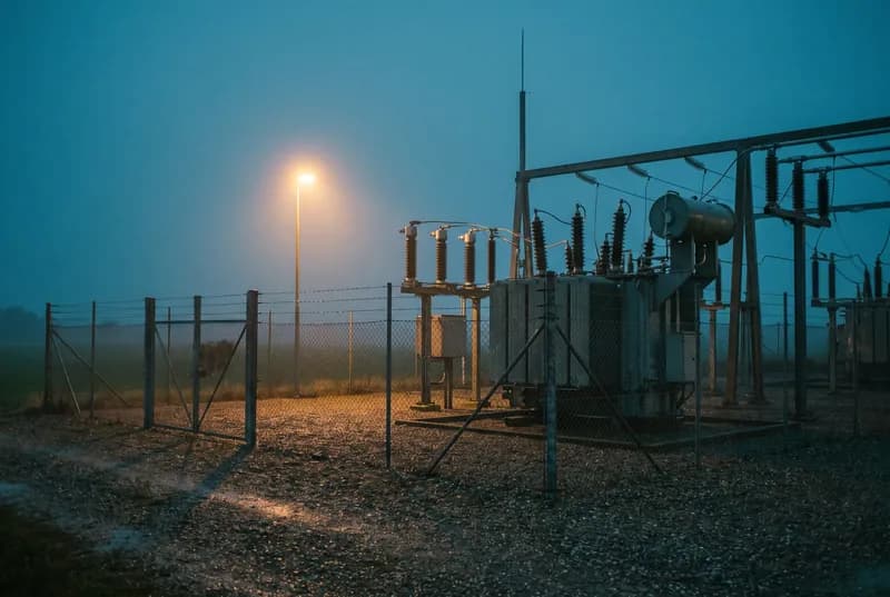 En indhegnet transformerstation i skumringen